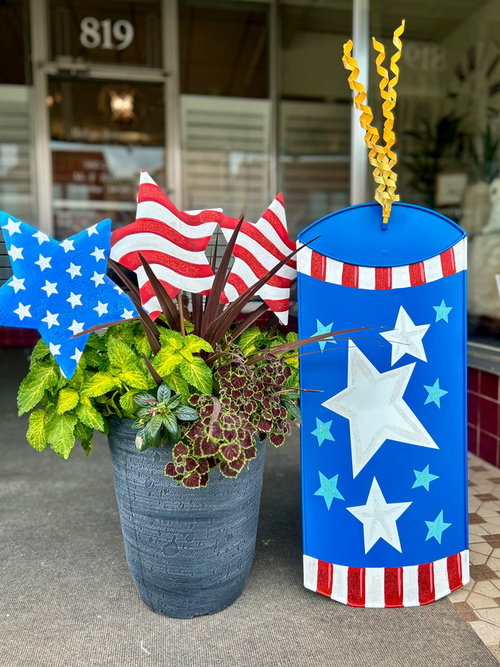 Americana: Blue Yard Stars & Stripes Firecracker Metal Stake with Easel