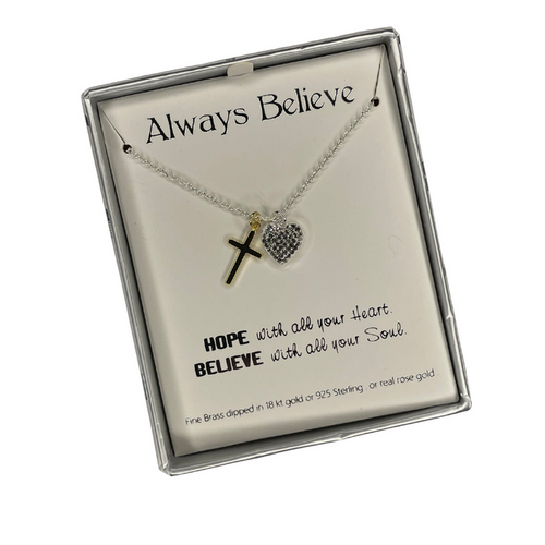 "Always Believe" Necklace - Gold Cross/Silver Heart