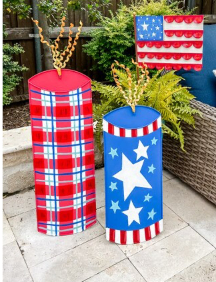 Americana: Blue Yard Stars & Stripes Firecracker Metal Stake with Easel