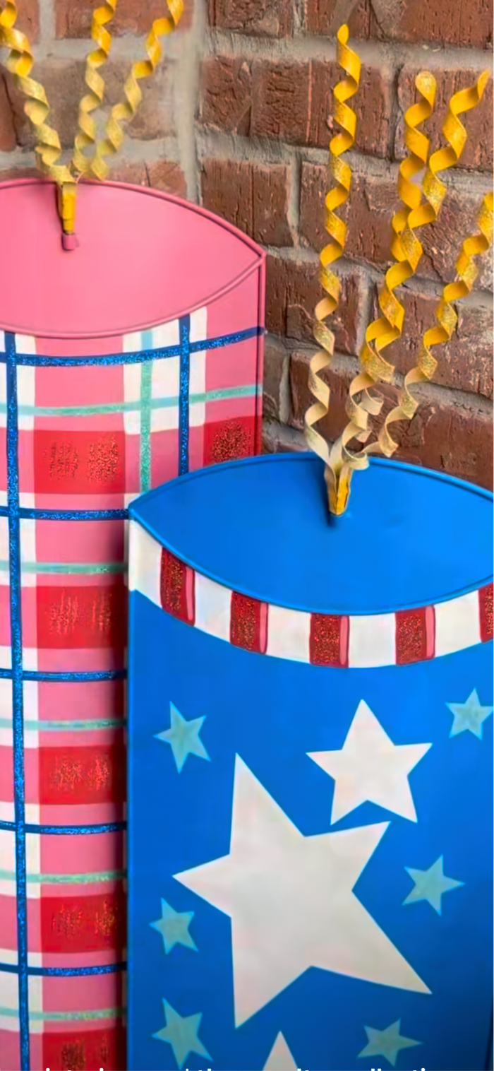 Americana: Blue Yard Stars & Stripes Firecracker Metal Stake with Easel