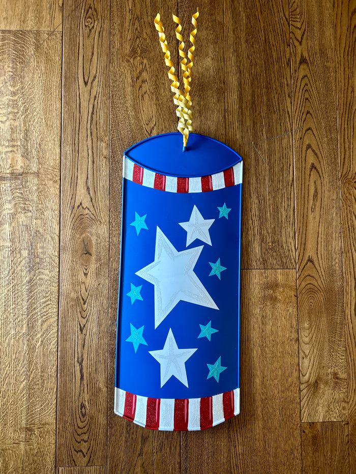 Americana: Blue Yard Stars & Stripes Firecracker Metal Stake with Easel