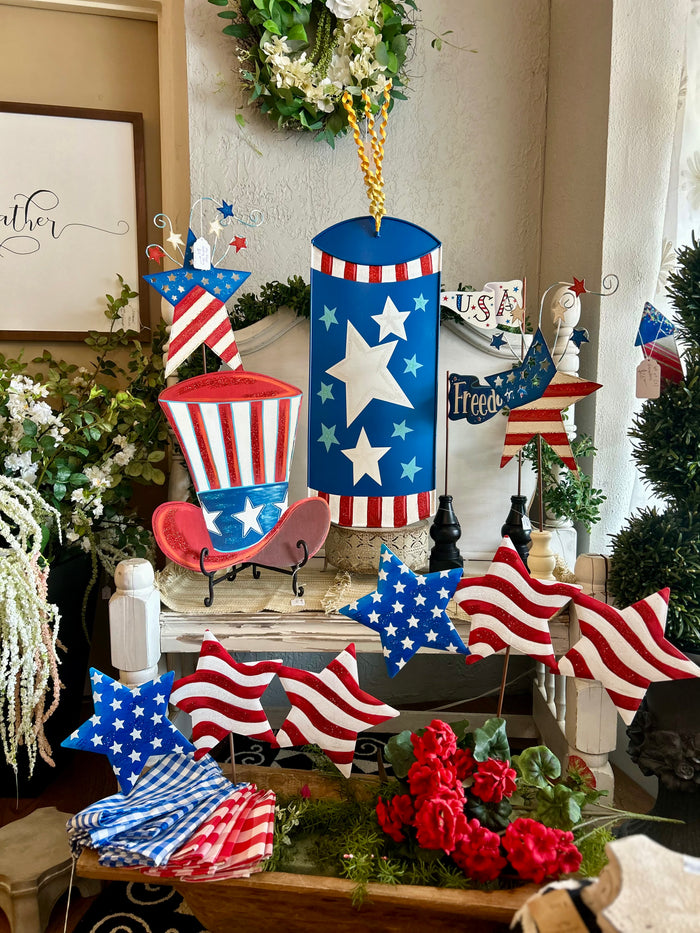 Americana: Blue Yard Stars & Stripes Firecracker Metal Stake with Easel