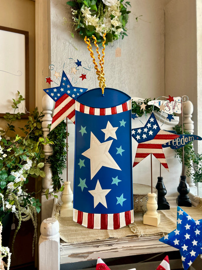 Americana: Blue Yard Stars & Stripes Firecracker Metal Stake with Easel
