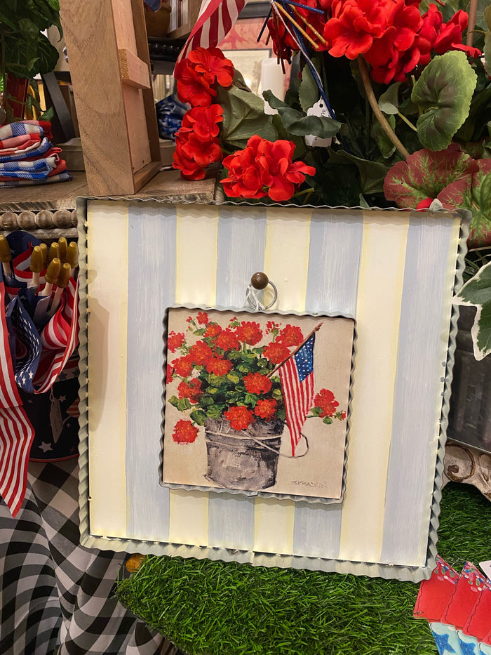 Americana: Bucket of Red Geraniums and American Flag Mini Print