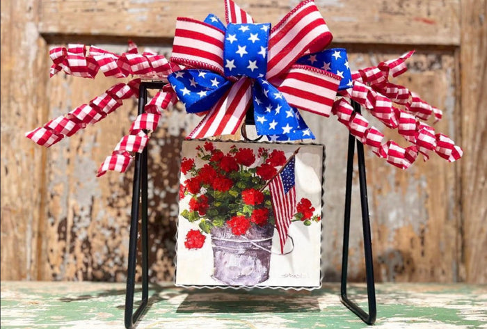 Americana: Bucket of Red Geraniums and American Flag Mini Print