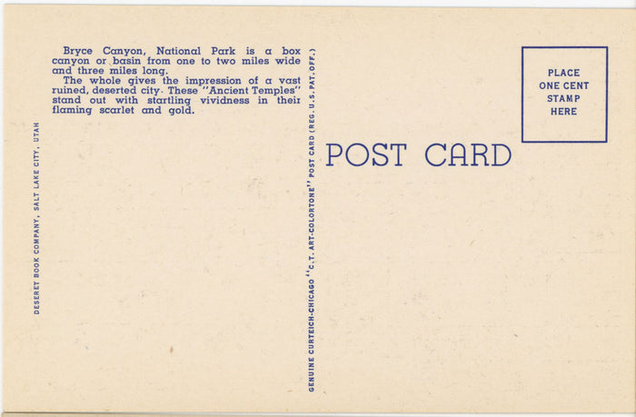 Ancient Temple Bryce Canyon National Park Vintage Utah Postcard (unposted) - Vintage Postcard Boutique