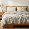 Highland Feather Bamboo Linen Duvet Cover on bed - natural colour - Mattress Miracle Brantford