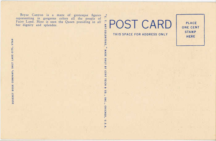 Bryce Canyon National Park Queen Victoria Utah Vintage Postcard (unposted) - Vintage Postcard Boutique