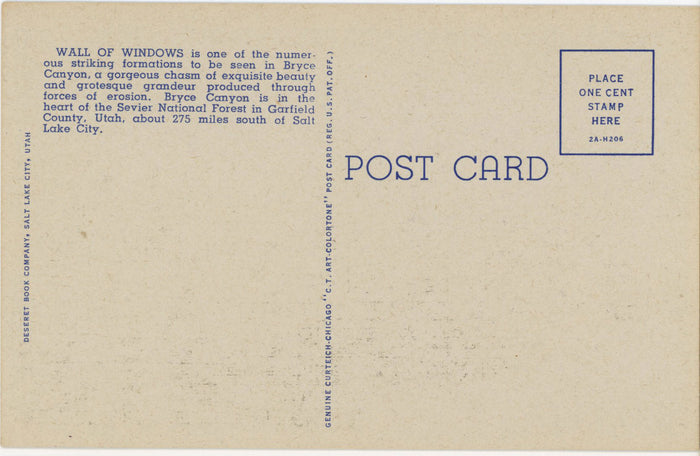 Bryce Canyon National Park Window Wall Vintage Utah Postcard (unposted) - Vintage Postcard Boutique