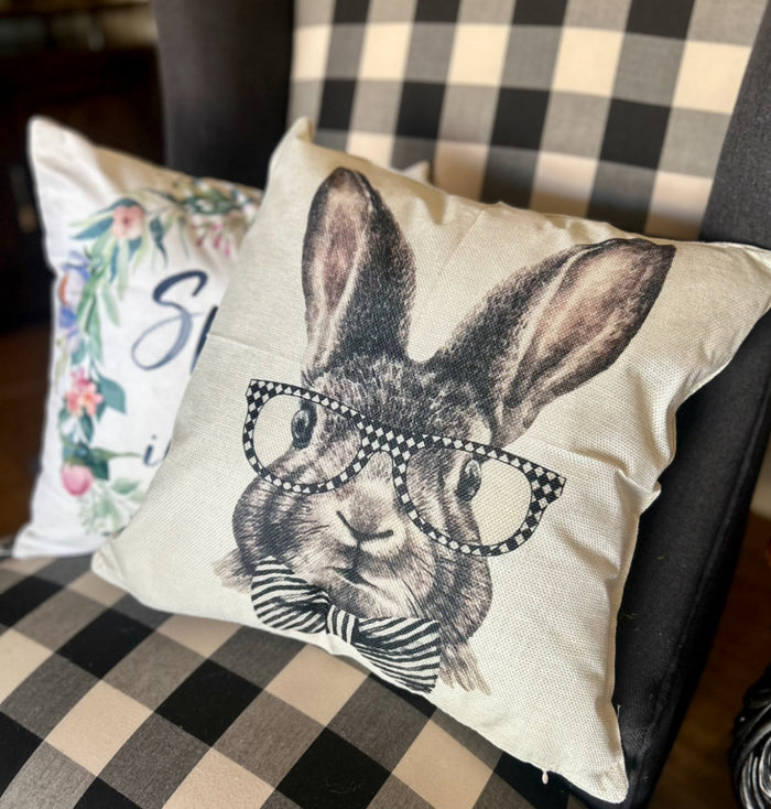 Bunny with Diamond Pattern Glasses Pillow with Stripe Bow Tie