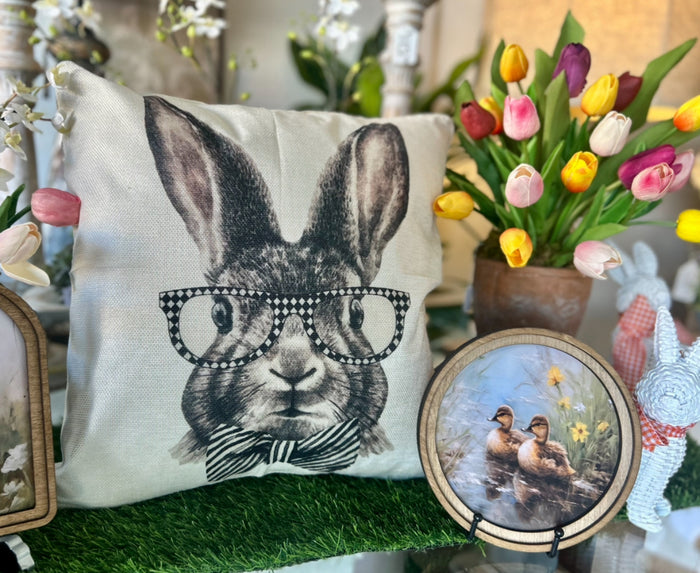 Bunny with Diamond Pattern Glasses Pillow with Stripe Bow Tie