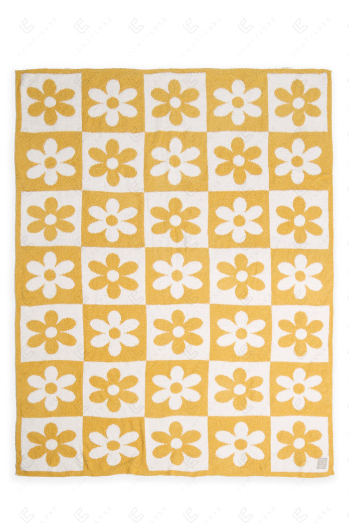 CHECKERED & DAISY PATTERN THROW BLANKET YELLOW THROW BLANKETS