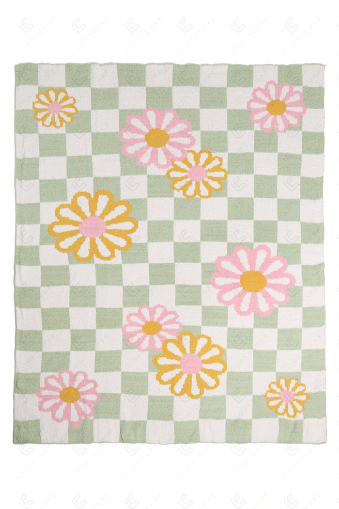 CHECKERED & DAISY PATTERN THROW BLANKET GREEN THROW BLANKETS