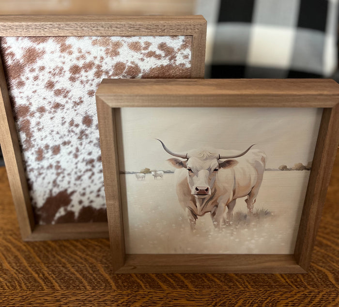Cow White and Tan Art with Wood Frame 8”x8”