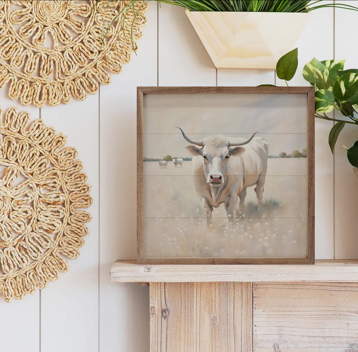 Cow White and Tan Art with Wood Frame 8”x8”