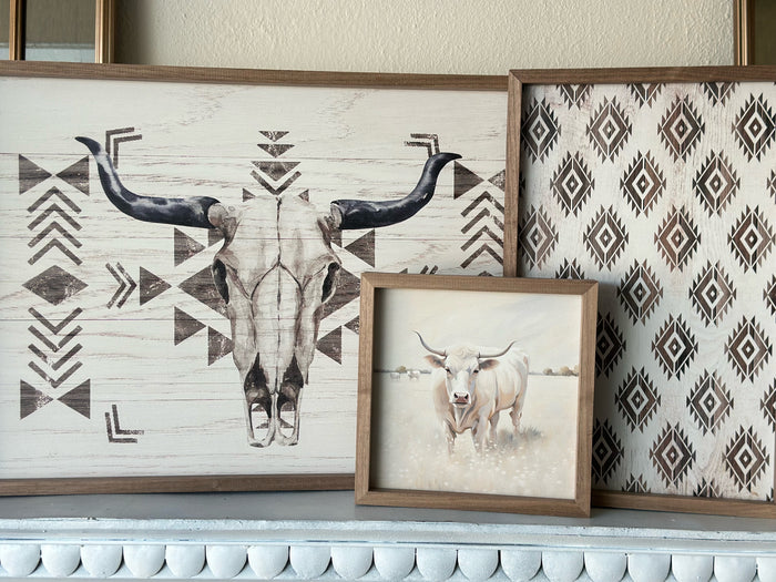 Cow White and Tan Art with Wood Frame 8”x8”