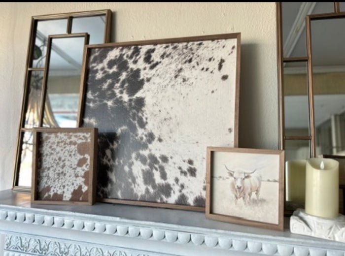 Cow White and Tan Art with Wood Frame 8”x8”