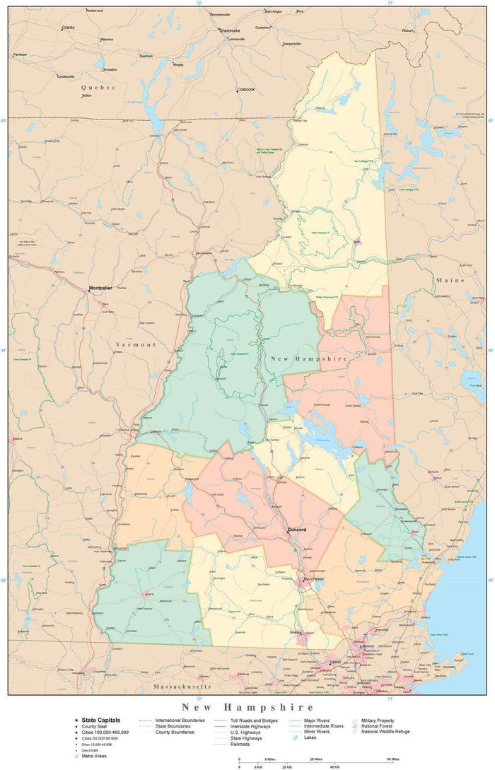 Detailed New Hampshire Digital Map with Counties, Cities, Highways, Railroads, Airports, and more