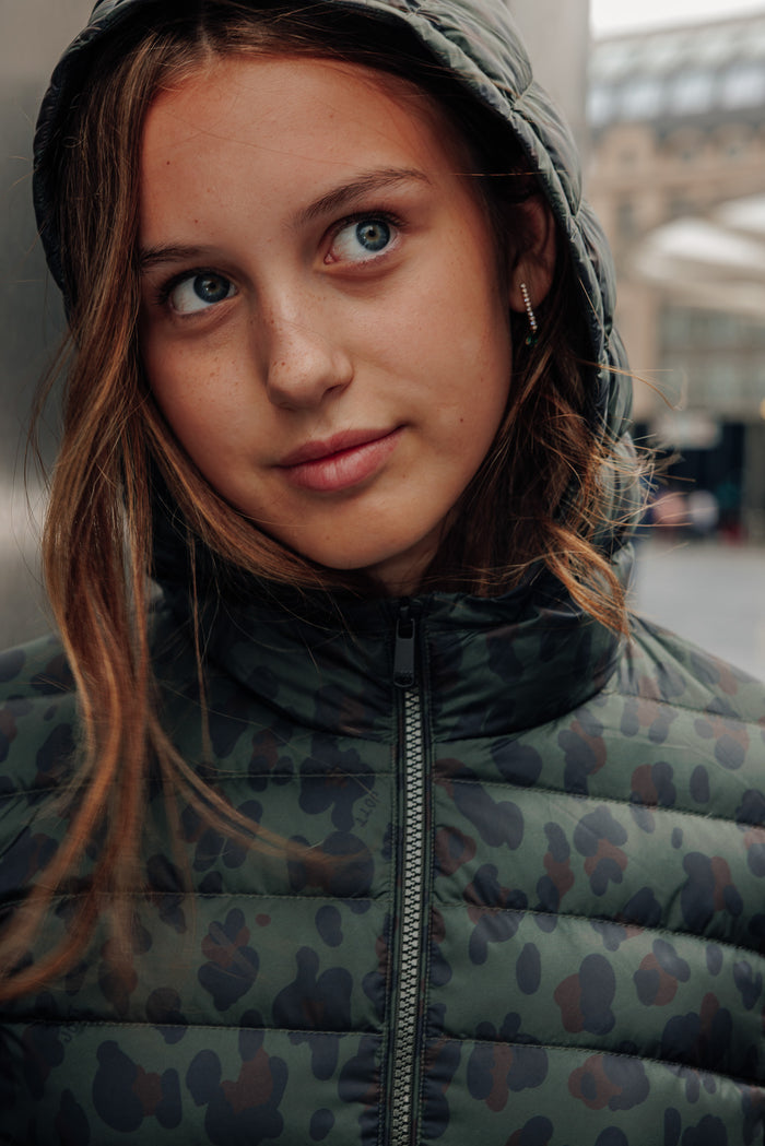 Doudoune enfant à capuche Army foncé léopard Albus print