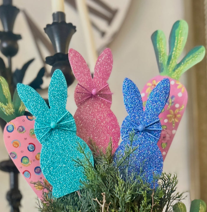 Easter Set of 6 Glittered Peep Bunnies Yellow, Pink, Aqua, Purple, Blue, Green