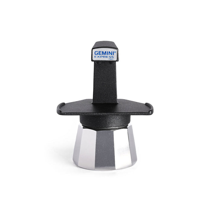 Black classic gemini espresso maker with aluminum base on white background