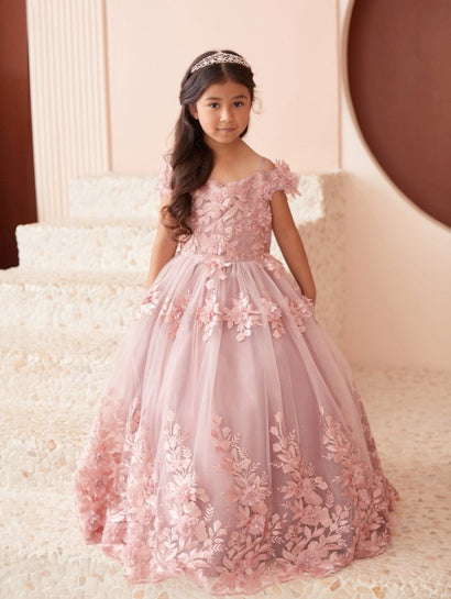 Girls Off Shoulder with 3D Flowers Pageant DressGirls Off Shoulder with 3D Flowers Pageant Dress