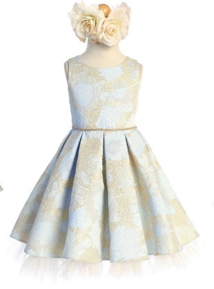 GOLD DETAIL FLORAL PLEATED JACQUARD WITH PEEK A BOO CRYSTAL TULLE