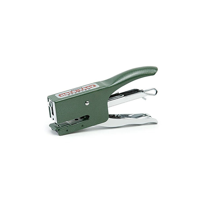 Green steel hold-fast handheld stapler with silver hardware on white background