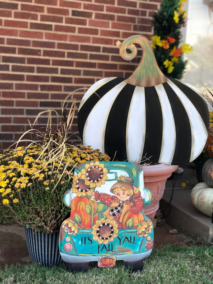 It’s Fall Y’all Metal Stake in Turquoise Truck with Scarecrow and Sunflowers