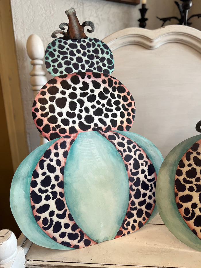 Large Topiary Mint & Leopard Pumpkin Triple Stack