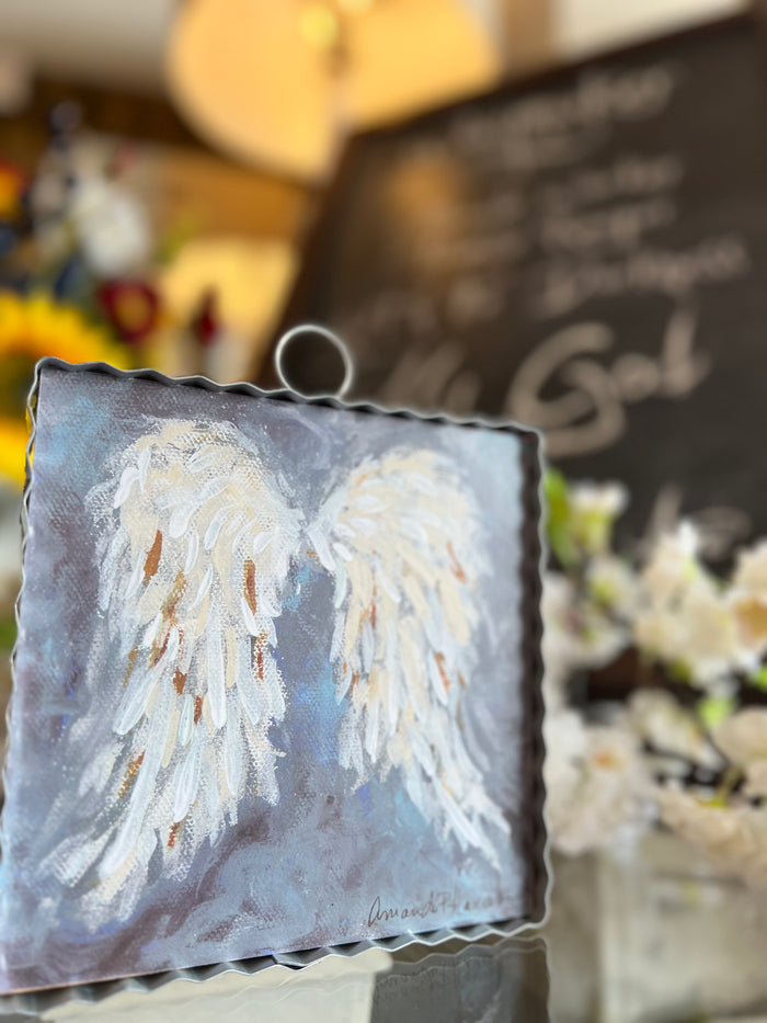White Angel Wings with Blue Background Galvanized Framed Mini Pic