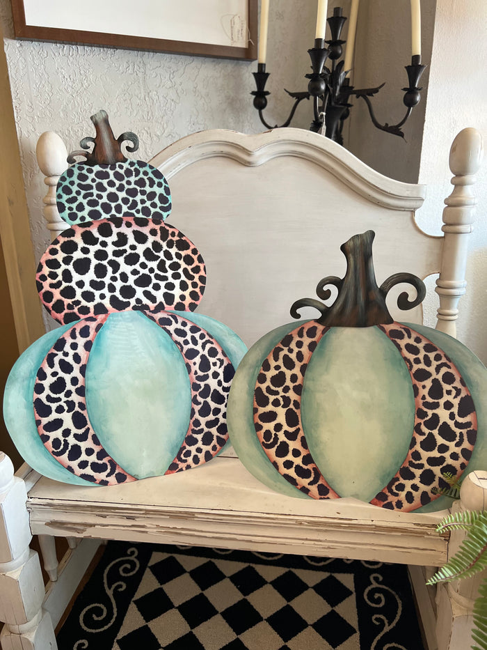 Large Topiary Mint & Leopard Pumpkin Triple Stack
