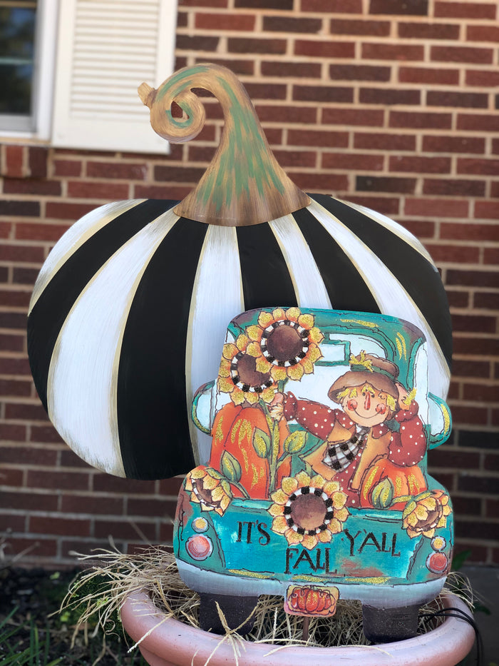 It’s Fall Y’all Metal Stake in Turquoise Truck with Scarecrow and Sunflowers