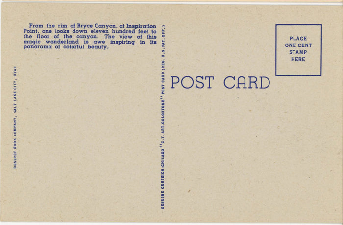 Inspiration Point Bryce Canyon National Park Utah Vintage Postcard (unposted) - Vintage Postcard Boutique