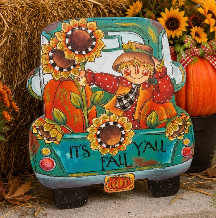 It’s Fall Y’all Metal Stake in Turquoise Truck with Scarecrow and Sunflowers