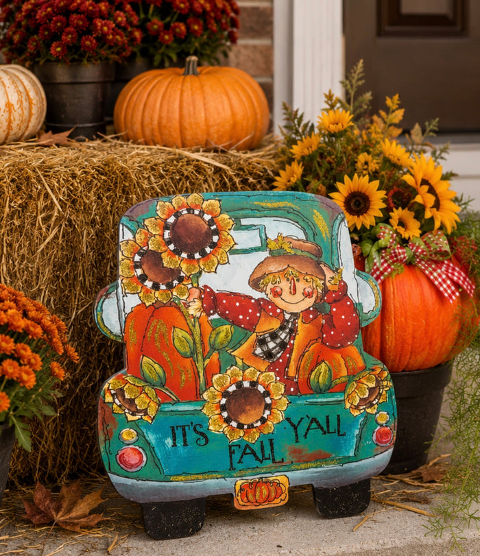 It’s Fall Y’all Metal Stake in Turquoise Truck with Scarecrow and Sunflowers