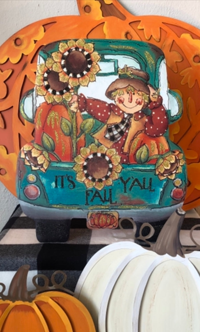 It’s Fall Y’all Metal Stake in Turquoise Truck with Scarecrow and Sunflowers
