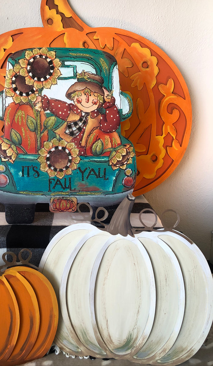 It’s Fall Y’all Metal Stake in Turquoise Truck with Scarecrow and Sunflowers