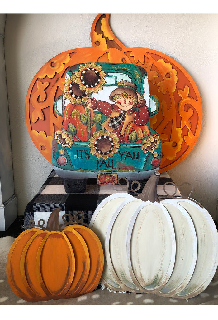 It’s Fall Y’all Metal Stake in Turquoise Truck with Scarecrow and Sunflowers