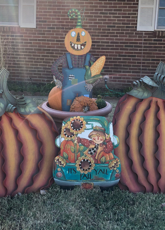 It’s Fall Y’all Metal Stake in Turquoise Truck with Scarecrow and Sunflowers