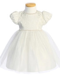 JAQUARD TOP WITH PRINCESS PUFF SLEEVE STIN&CISTAL TULLY SKIRT PEARL NECKLINE AND WAIST DETAIL