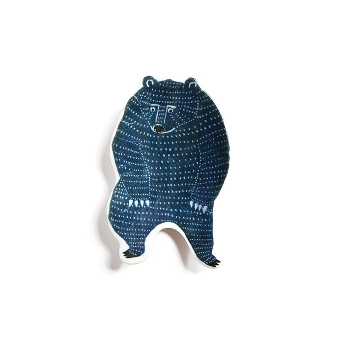 Blue bear-shaped ceramic plate on a white background.