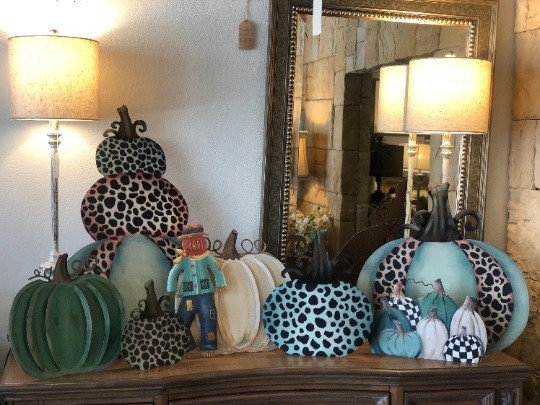 Large Topiary Mint & Leopard Pumpkin Triple Stack