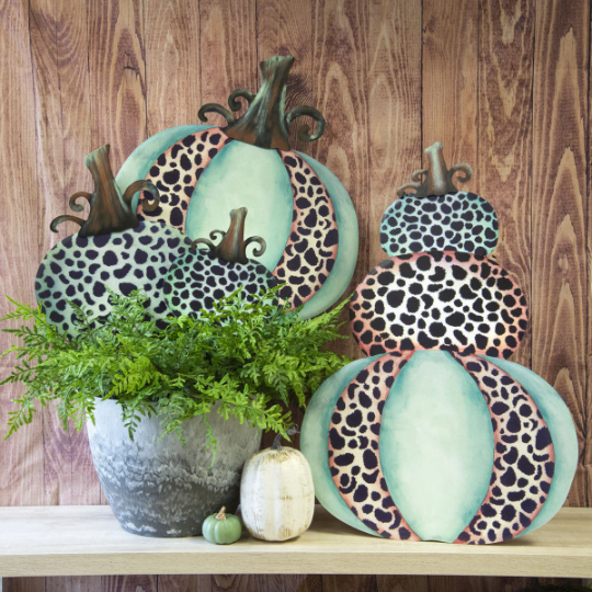Large Topiary Mint & Leopard Pumpkin Triple Stack