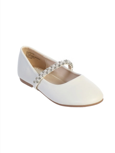 LEATHERETTE FLAT WITH  RHINESTONE AND PEARL STRAP