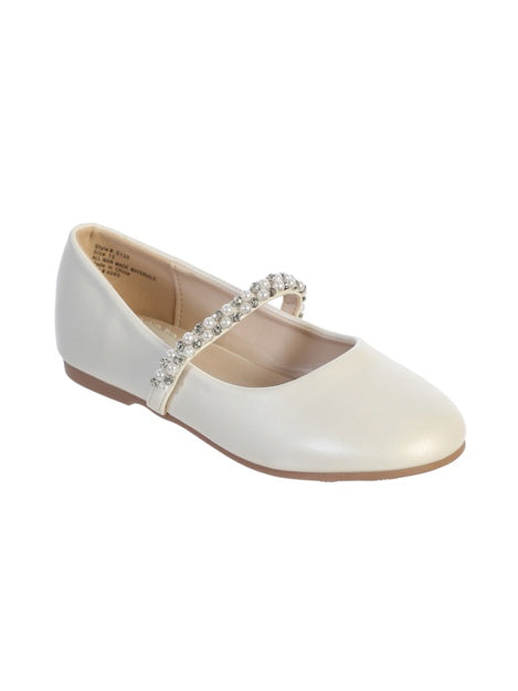 LEATHERETTE FLAT WITH  RHINESTONE AND PEARL STRAP