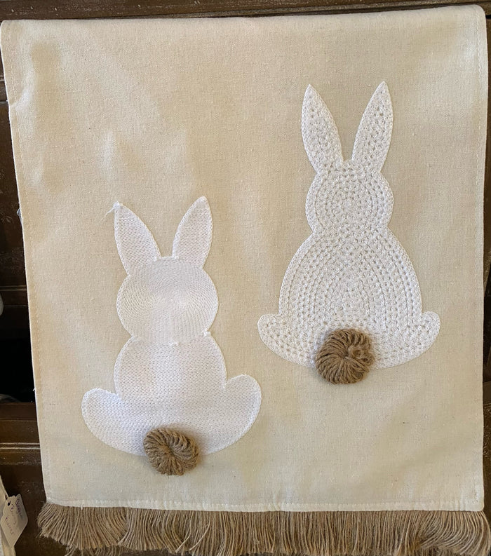 Linen Look Emroidered Fringed Bunny Table Runner