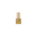 Gold perfume bottle with geometric design on a white background