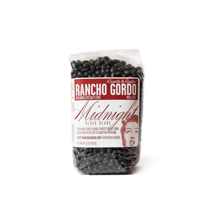 Bag of Rancho Gordo Midnight Black Beans on a white background