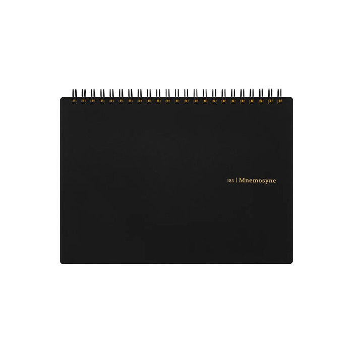Black horizontal A5 Mnemosyne notebook with spiral binding on white background